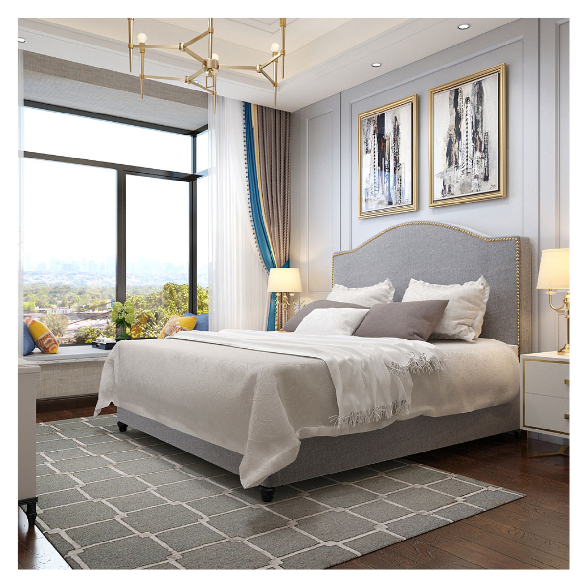 Balmoral Linen Arch Brass Stud Bed